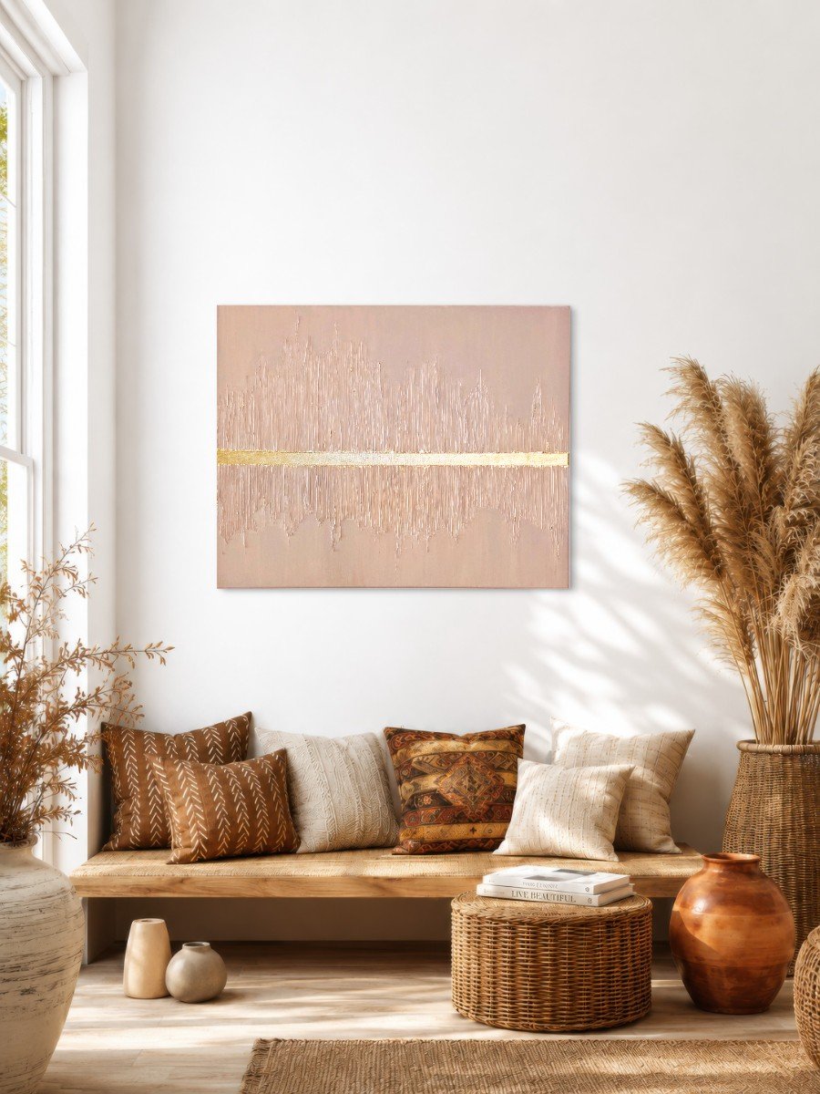Resonance hung above a wooden bench in a warm, neutral room